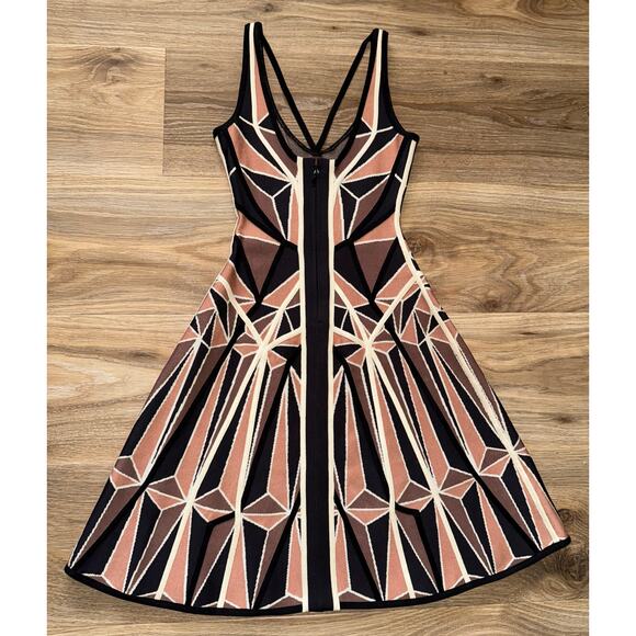 Herve Leger Brown Geometric Patchwork Jacquard Knit Hazel Mini Dress -size XXS - Picture 3 of 12